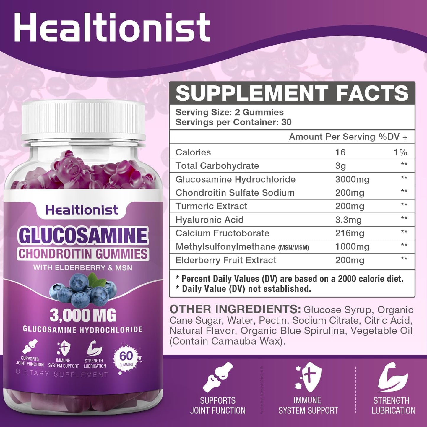 2 Packs Healtionist Glucosamine Chondroitin Gummies 3000mg with MSM & Elderberry - Joint Health Supplement for Adults - 120 Gummies