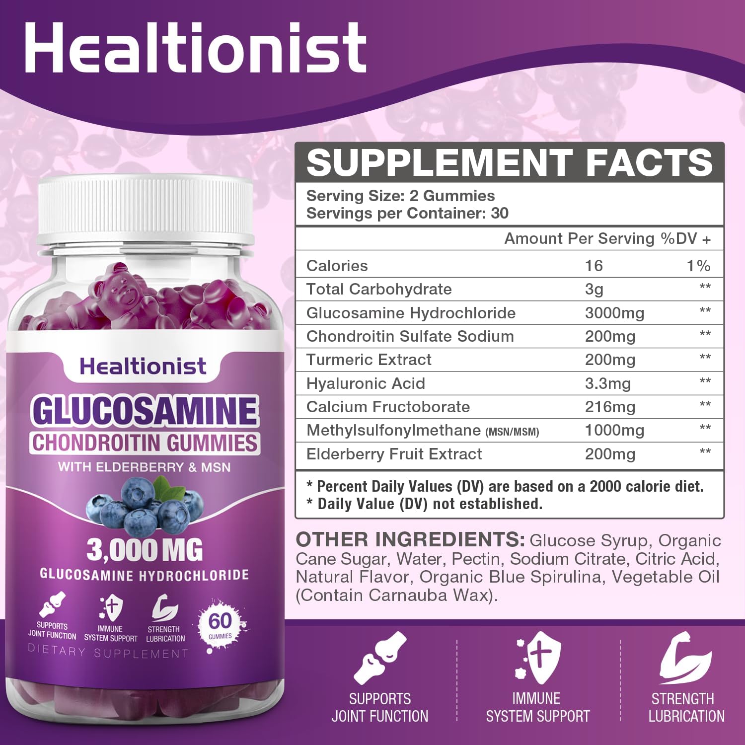 2 Packs Healtionist Glucosamine Chondroitin Gummies 3000mg with MSM & Elderberry - Joint Health Supplement for Adults - 120 Gummies