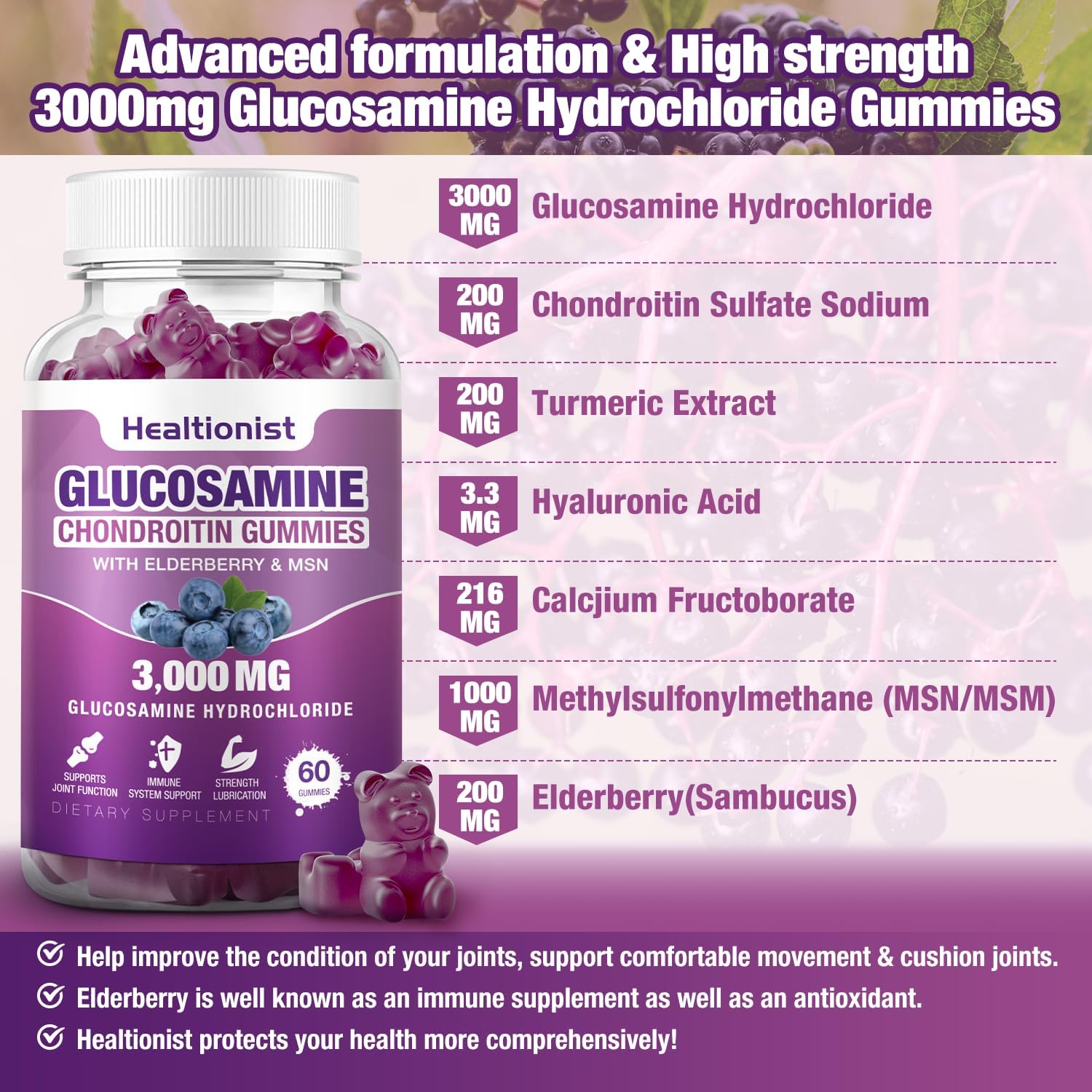 2 Packs Healtionist Glucosamine Chondroitin Gummies 3000mg with MSM & Elderberry - Joint Health Supplement for Adults - 120 Gummies