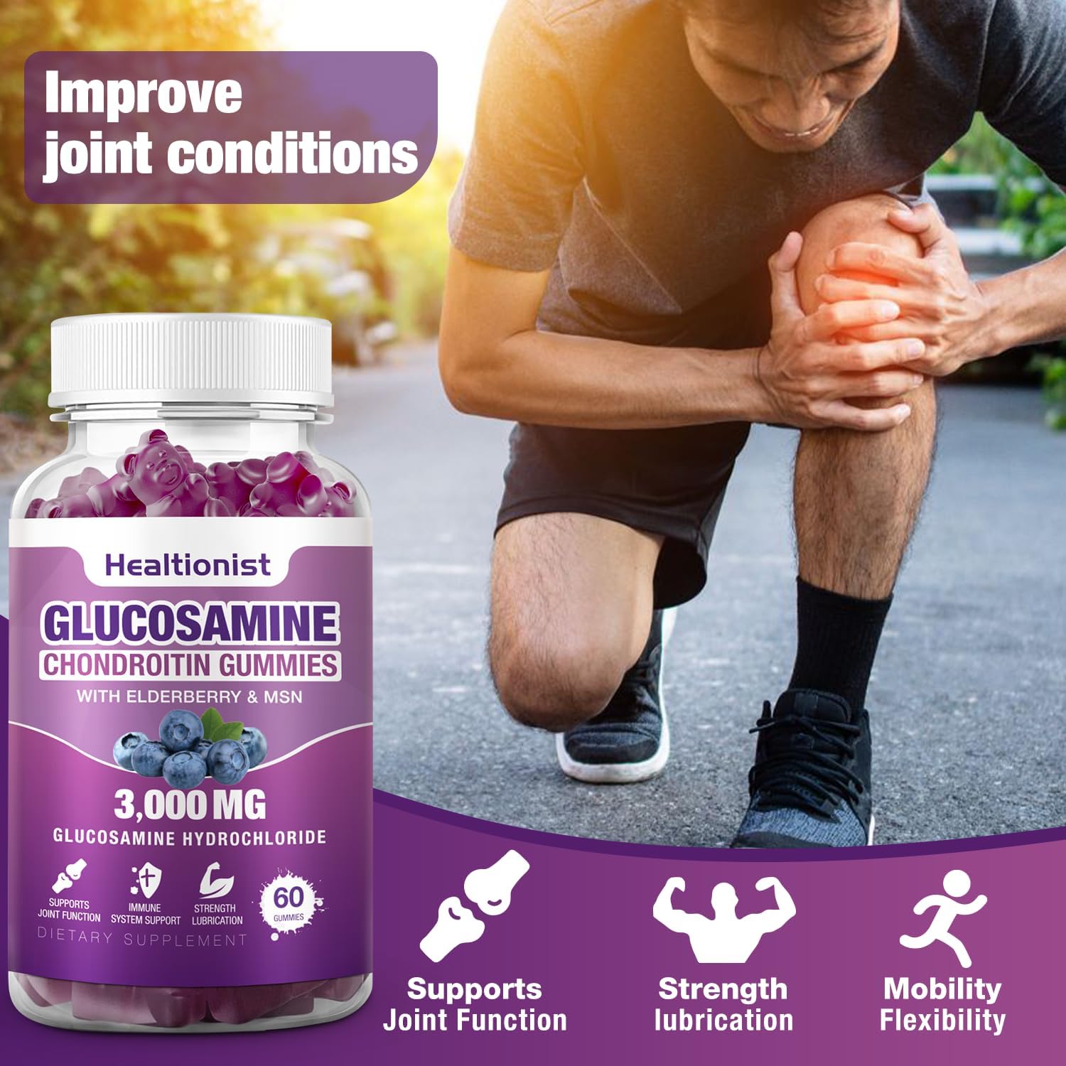 2 Packs Healtionist Glucosamine Chondroitin Gummies 3000mg with MSM & Elderberry - Joint Health Supplement for Adults - 120 Gummies