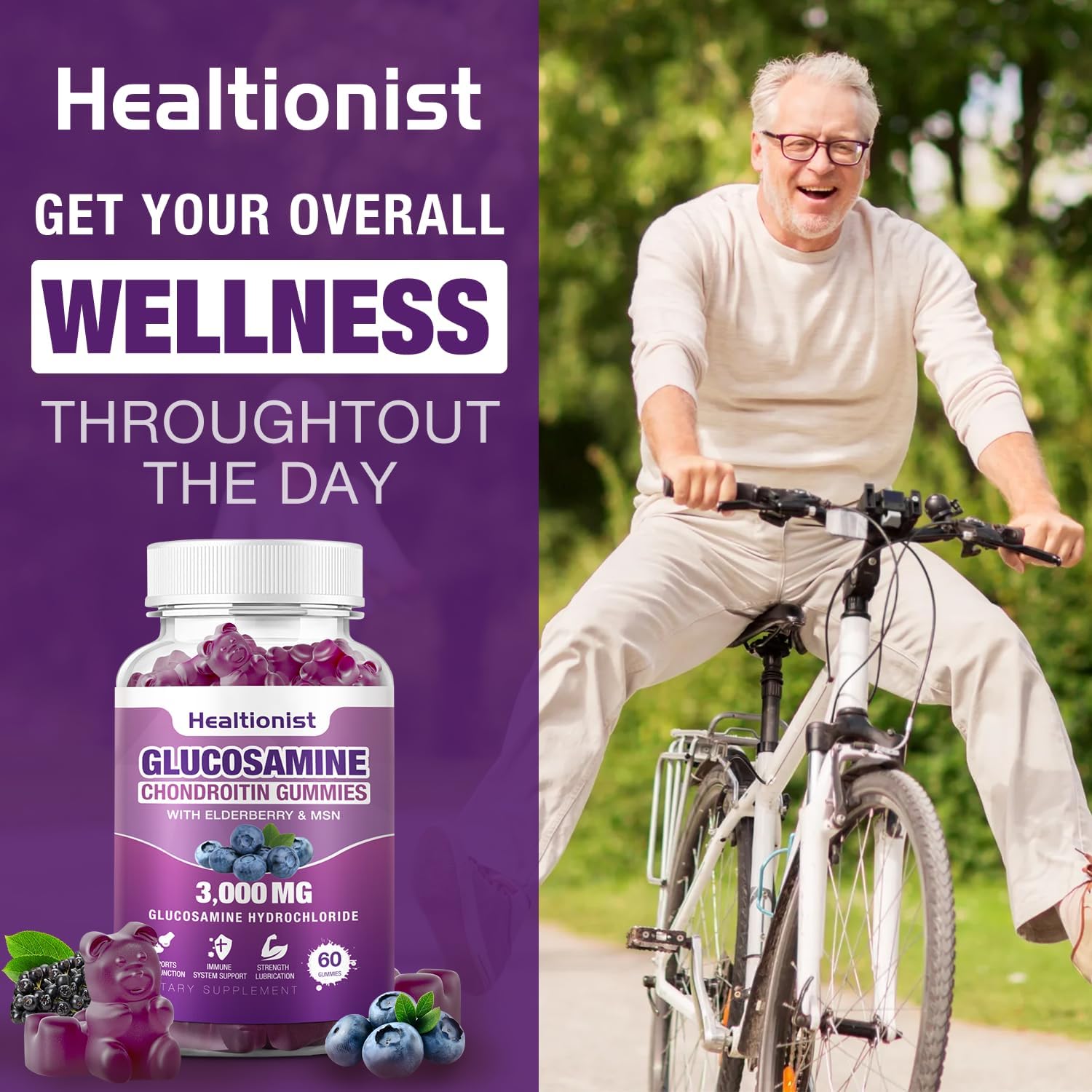 2 Packs Healtionist Glucosamine Chondroitin Gummies 3000mg with MSM & Elderberry - Joint Health Supplement for Adults - 120 Gummies