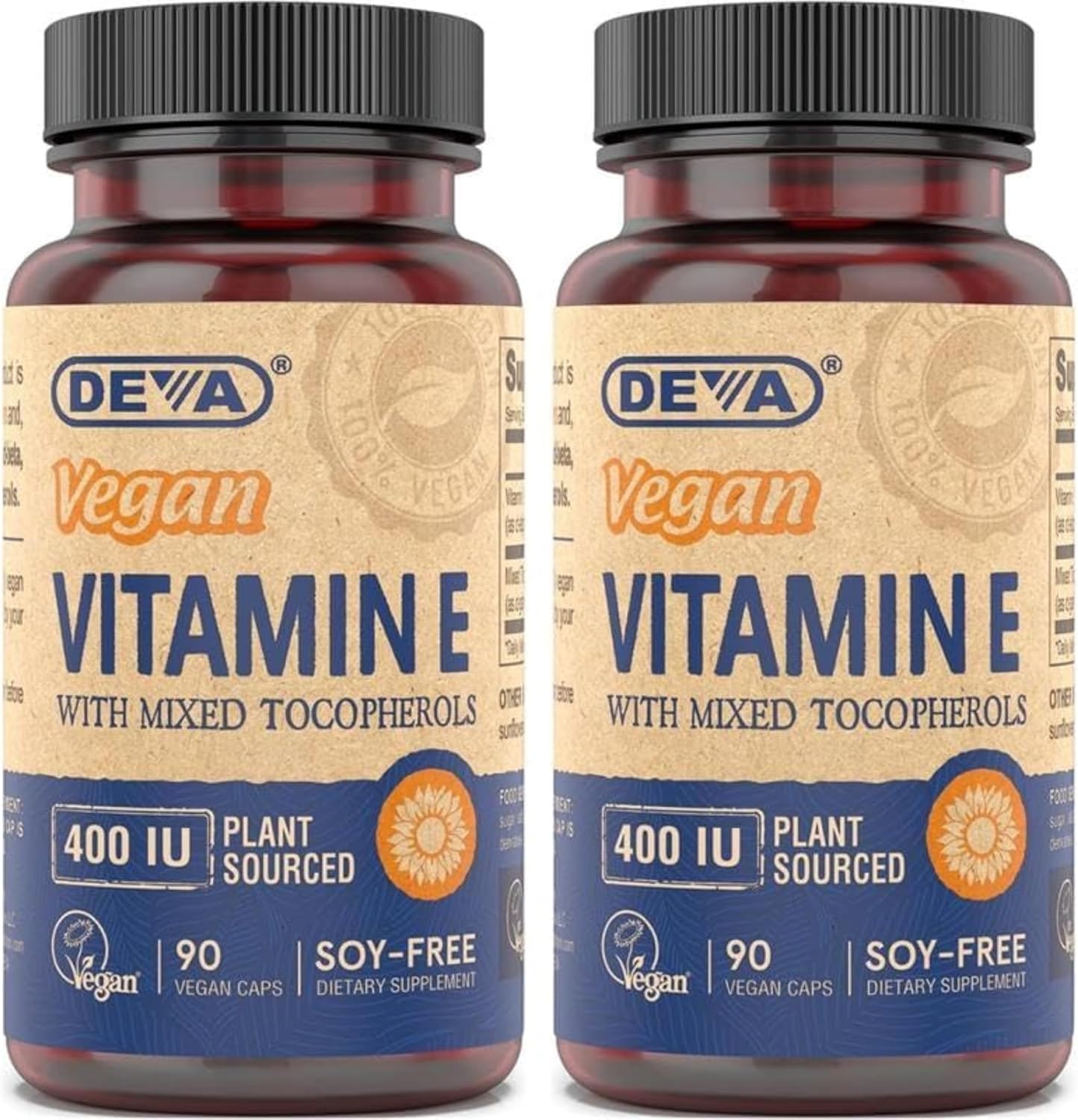 2 Packs of DEVA Vegan Natural Source Vitamin E 400IU Capsules with Mixed Tocopherols - Soy-Free - 180 Capsules Total