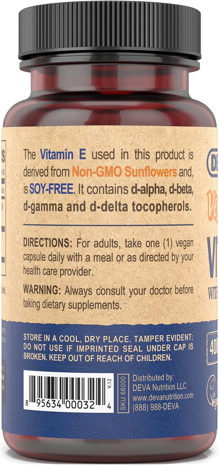 2 Packs of DEVA Vegan Natural Source Vitamin E 400IU Capsules with Mixed Tocopherols - Soy-Free - 180 Capsules Total