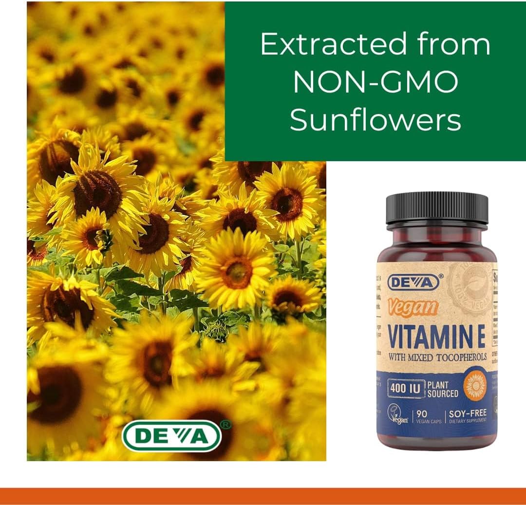 2 Packs of DEVA Vegan Natural Source Vitamin E 400IU Capsules with Mixed Tocopherols - Soy-Free - 180 Capsules Total