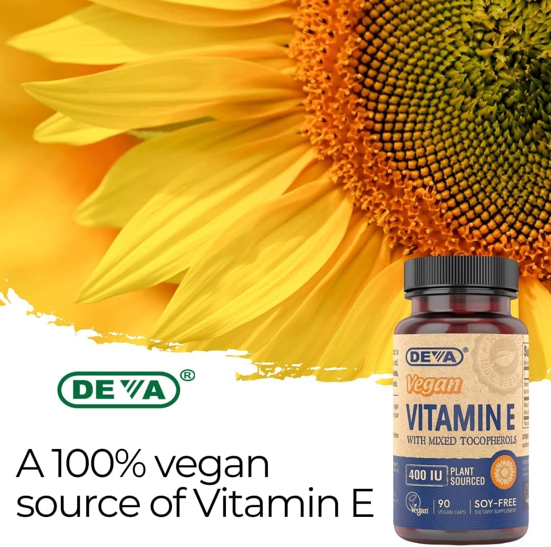 2 Packs of DEVA Vegan Natural Source Vitamin E 400IU Capsules with Mixed Tocopherols - Soy-Free - 180 Capsules Total