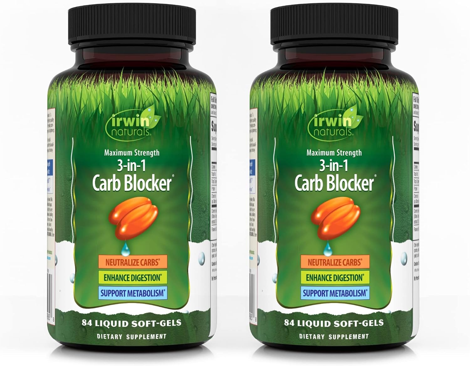 2 Packs of Irwin Naturals Maximum Strength 3-in-1 Carb Blocker - 84 Liquid Soft-Gels - Neutralize Carbohydrates - 168 Servings Total