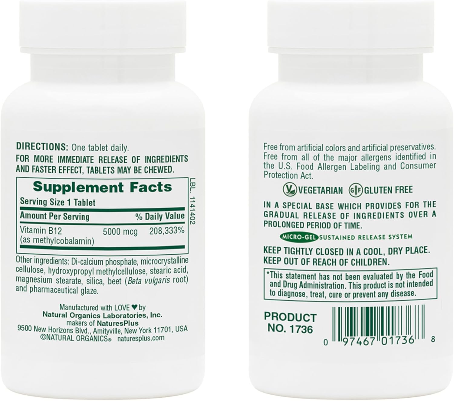 2 Packs of Natures Plus Shot-O-B12 5000 mcg - 30 Sustained Release Tablets - Boost Energy & Mood - Vegetarian & Gluten Free - 60 Servings