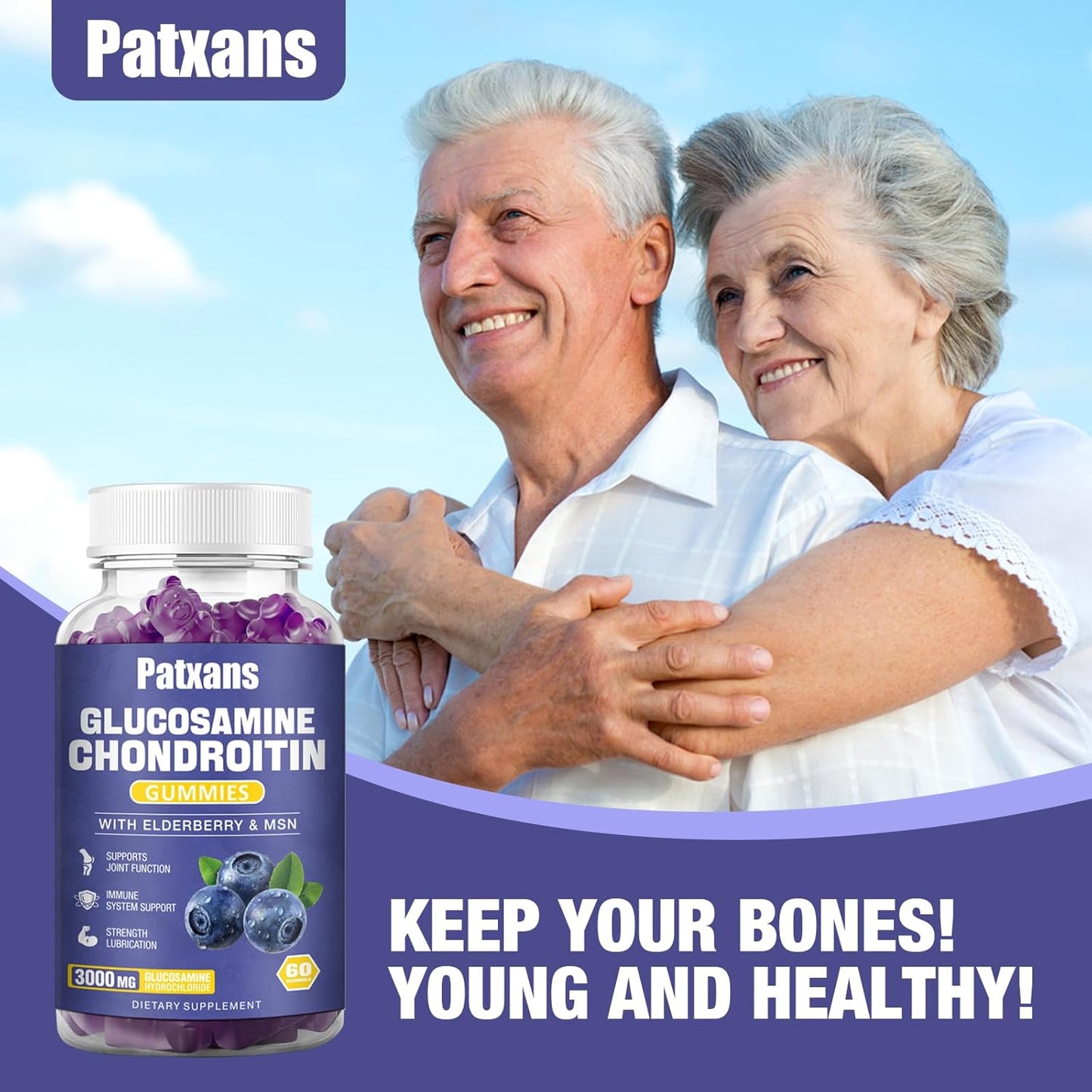 2 Packs of Patxans 3000MG Glucosamine Chondroitin Gummies for Joint Health & Immune Support - Elderberry & MSM Supplement for Flexibility and Antioxidant Boost - 120 Gummies