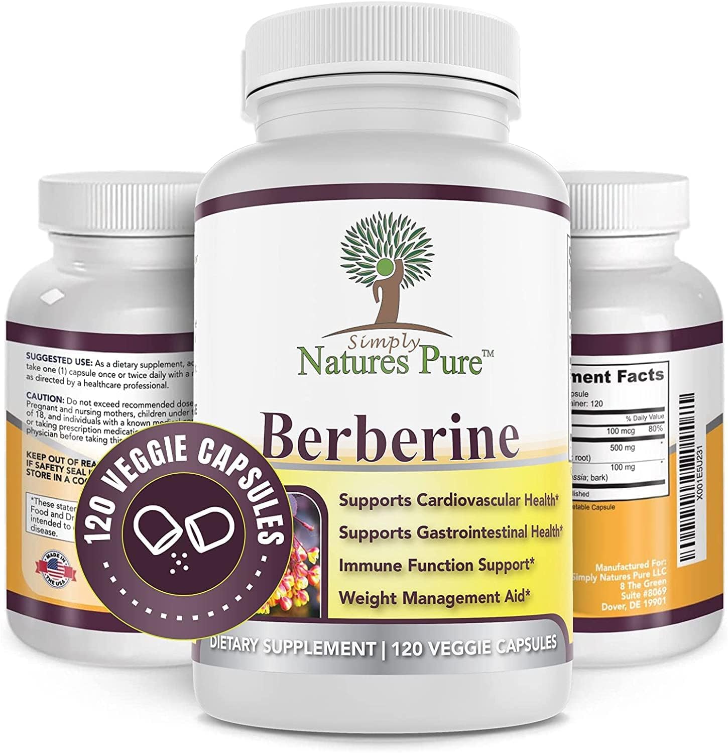 2 Packs of Simply Natures Premium Berberine HCl 500mg Capsules for Cardiovascular, Gastrointestinal, and Immune Support