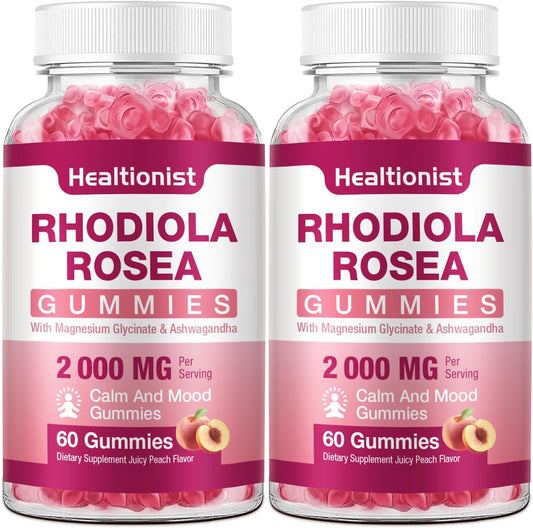 2 Packs Sugar-Free Rhodiola Rosea Gummies - Adaptogenic Supplement for Performance, Stamina, Mood - Non-GMO, 120 Vegan Chews