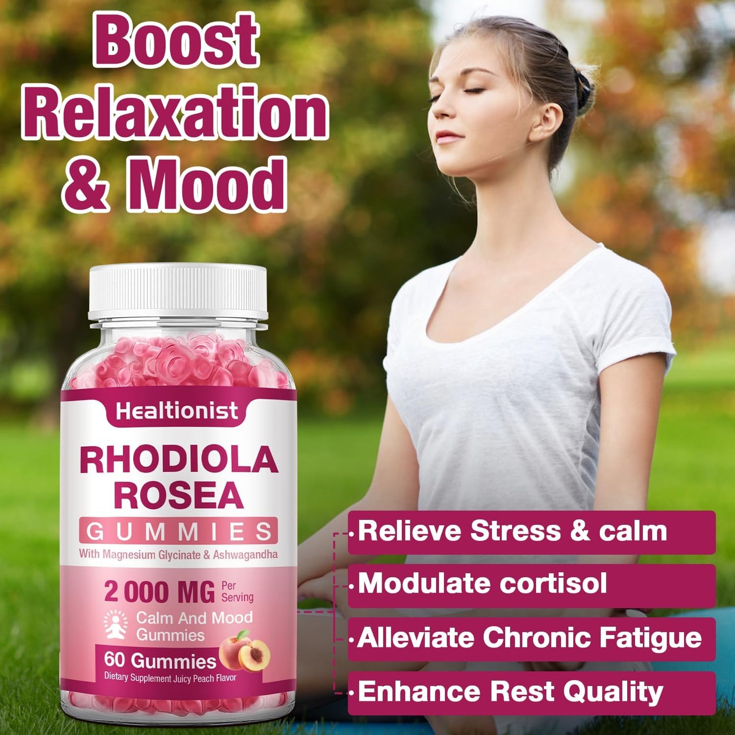2 Packs Sugar-Free Rhodiola Rosea Gummies - Adaptogenic Supplement for Performance, Stamina, Mood - Non-GMO, 120 Vegan Chews