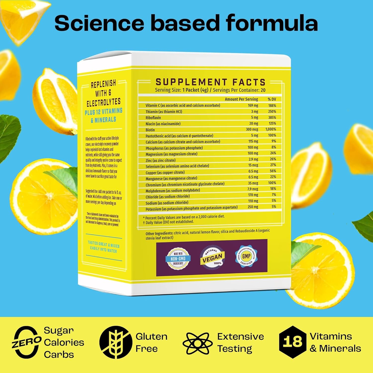 20 Pack Electrolyte Powder Packets in Refreshing Lemonade Flavor - Travel-Friendly Hydration Powder with Key Nutrients - Sugar-Free, Calorie-Free, Gluten-Free - Made in USA
