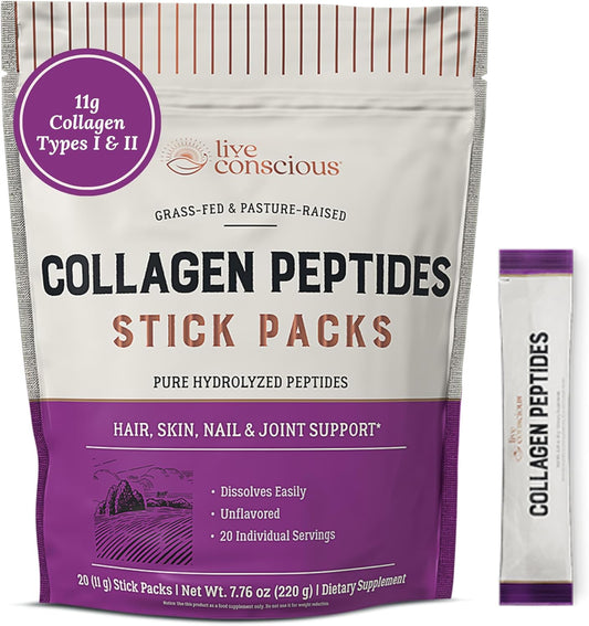 20 Packets of Live Conscious Unflavored Collagen Peptides Powder for Hair, Skin, Nails, and Joints - Grass-Fed Type I & III Hydrolyzed Collagen Supplements