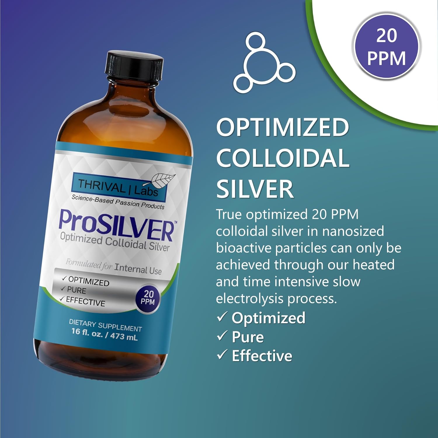 20 PPM ProSILVER Blue Label Colloidal Silver Liquid (16oz) - Immune Support, Nano-Sized Silver, Dark Glass Bottle by Thrival Labs