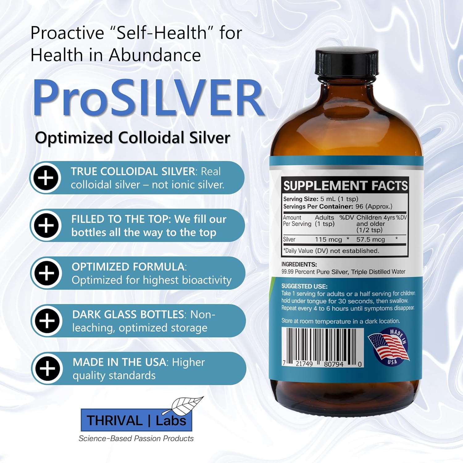 20 PPM ProSILVER Blue Label Colloidal Silver Liquid (16oz) - Immune Support, Nano-Sized Silver, Dark Glass Bottle by Thrival Labs