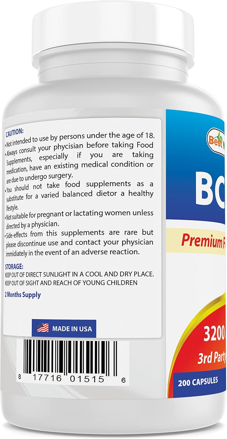 200 Capsules Best Naturals BCAA Branch Chain Amino Acid - Pharmaceutical Grade 3200mg - Pure Instantized Formula for Muscle Growth | Pre/Post Workout Supplement