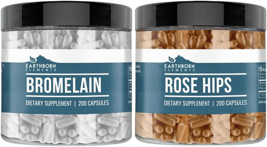 200 Capsules Each of Earthborn Elements Rose HIPS & Bromelain Capsules - Pure, Undiluted, No Additives