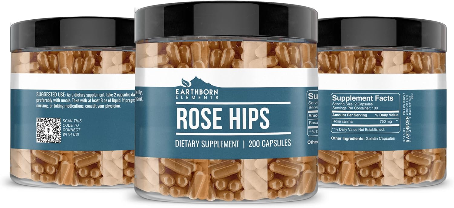 200 Capsules Each of Earthborn Elements Rose HIPS & Bromelain Capsules - Pure, Undiluted, No Additives