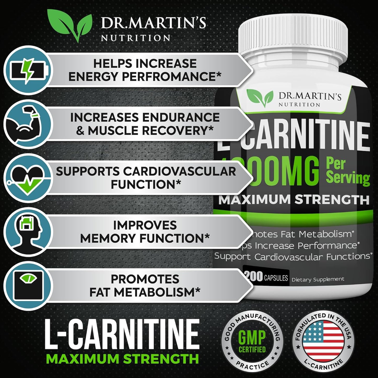 200 Capsules of Dr. Martin's Nutrition Extra Strength L-Carnitine - 1000mg Per Serving - Metabolism Booster & Performance Enhancer