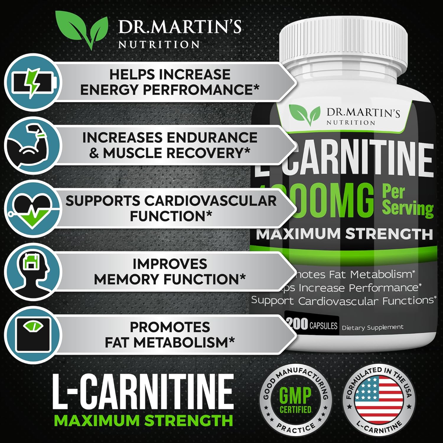 200 Capsules of Dr. Martin's Nutrition Extra Strength L-Carnitine - 1000mg Per Serving - Metabolism Booster & Performance Enhancer