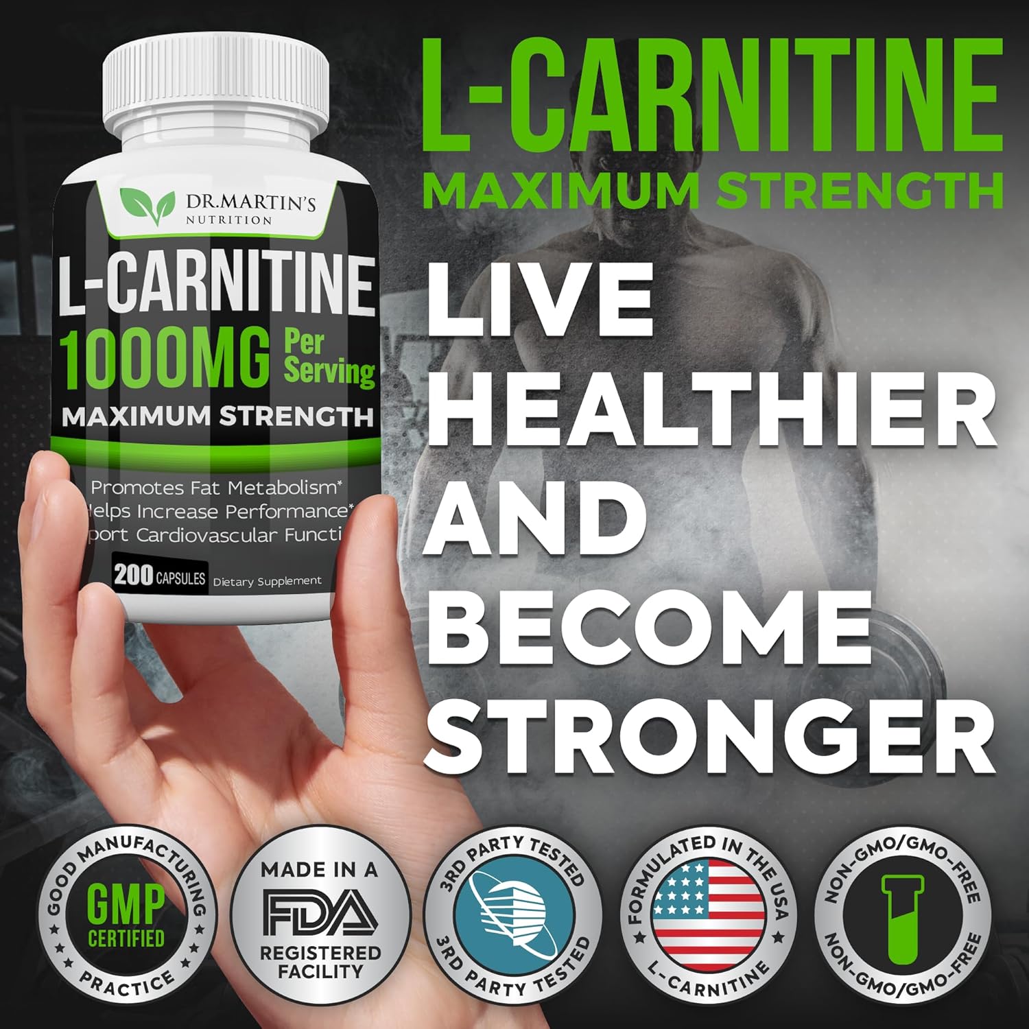 200 Capsules of Dr. Martin's Nutrition Extra Strength L-Carnitine - 1000mg Per Serving - Metabolism Booster & Performance Enhancer