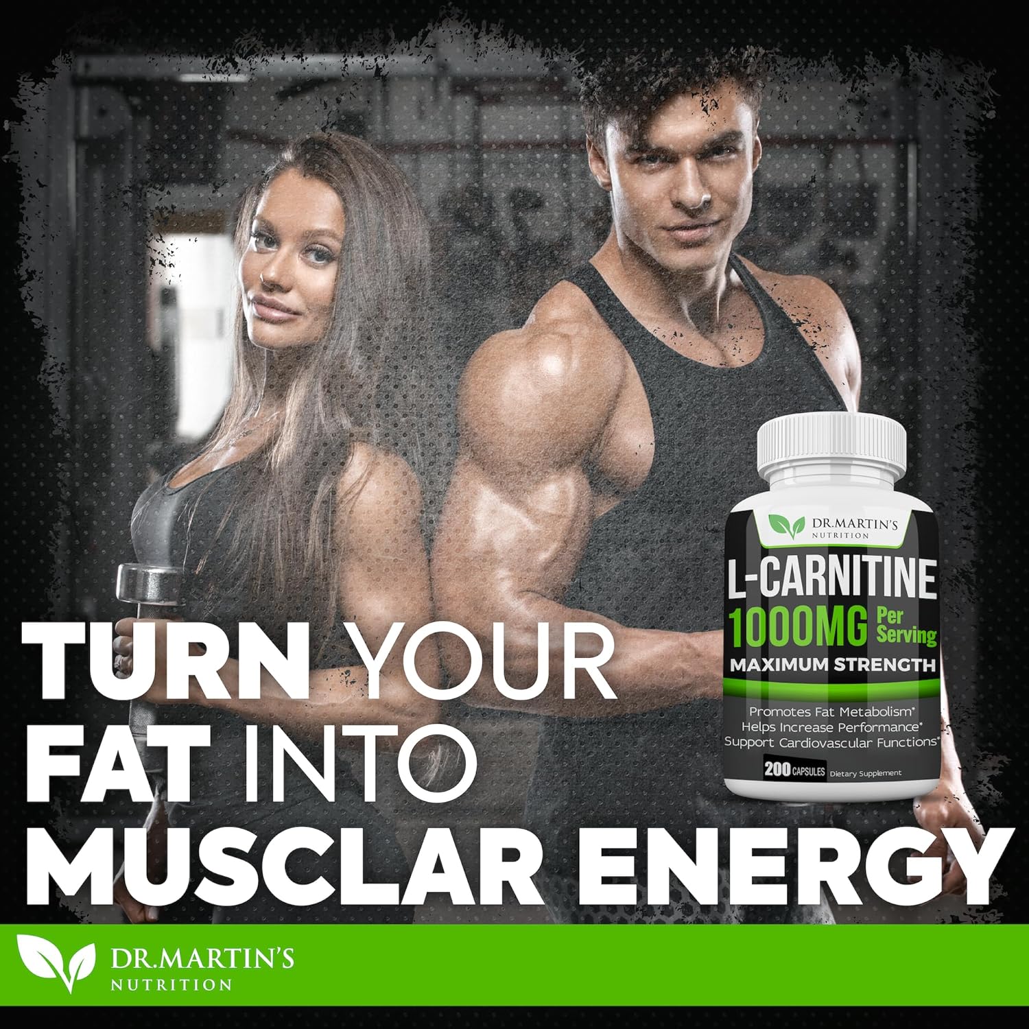 200 Capsules of Dr. Martin's Nutrition Extra Strength L-Carnitine - 1000mg Per Serving - Metabolism Booster & Performance Enhancer