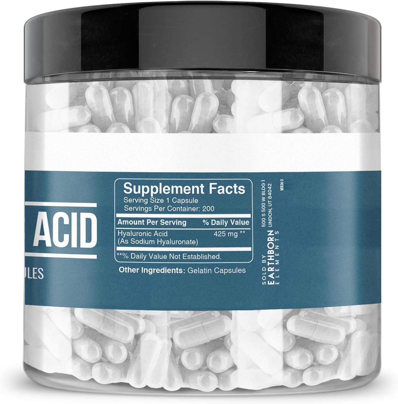 200 Capsules of Earthborn Elements Pure & Undiluted Hyaluronic Acid - Additive-Free Formula