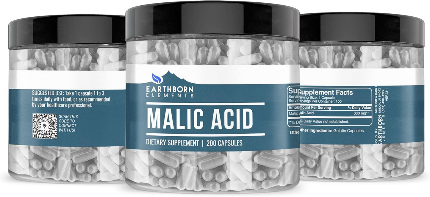 200 Capsules of Earthborn Elements Pure & Undiluted Malic Acid - No Additives, High Quality