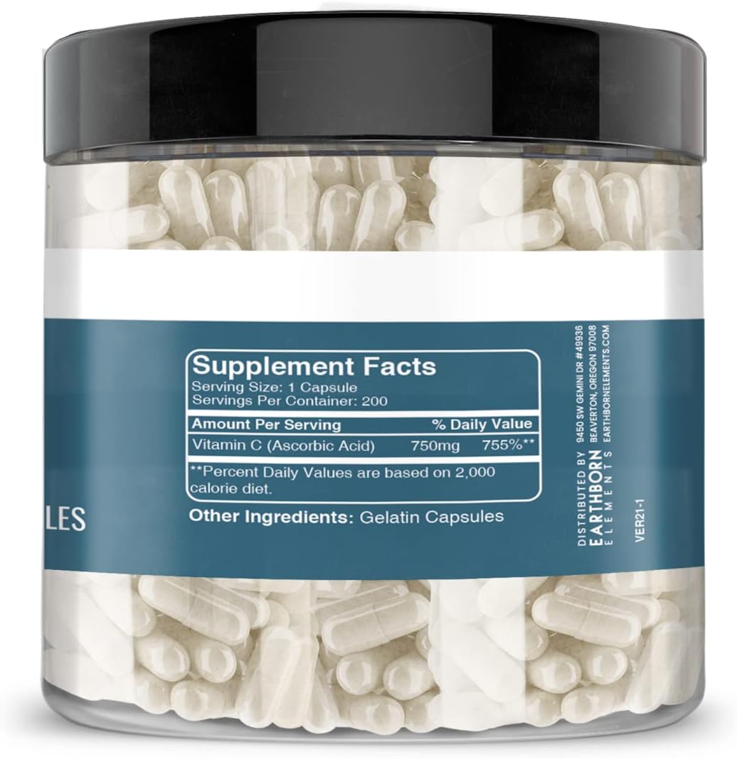 200 Capsules of Earthborn Elements Pure & Undiluted Vitamin C - No Additives