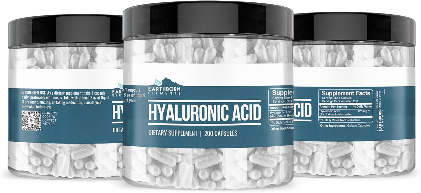 200 Capsules of Earthborn Elements Pure & Undiluted Hyaluronic Acid - Additive-Free Formula