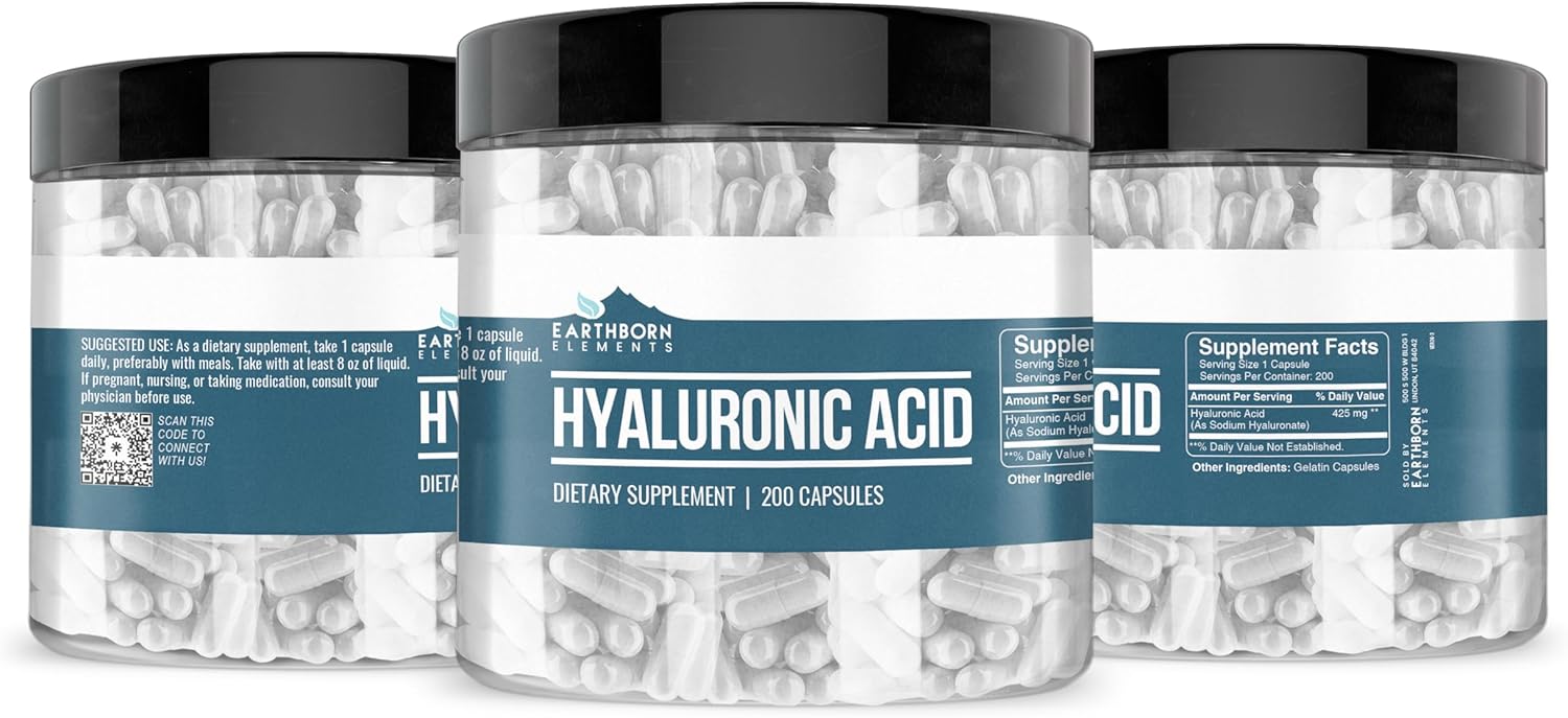 200 Capsules of Earthborn Elements Pure & Undiluted Hyaluronic Acid - Additive-Free Formula