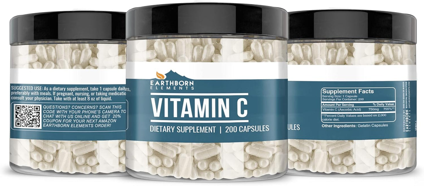 200 Capsules of Earthborn Elements Pure & Undiluted Vitamin C - No Additives