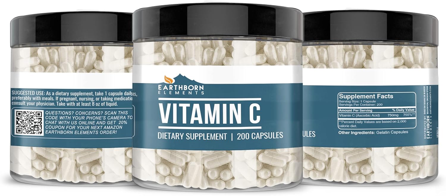 200 Capsules of Earthborn Elements Pure & Undiluted Vitamin C - No Additives