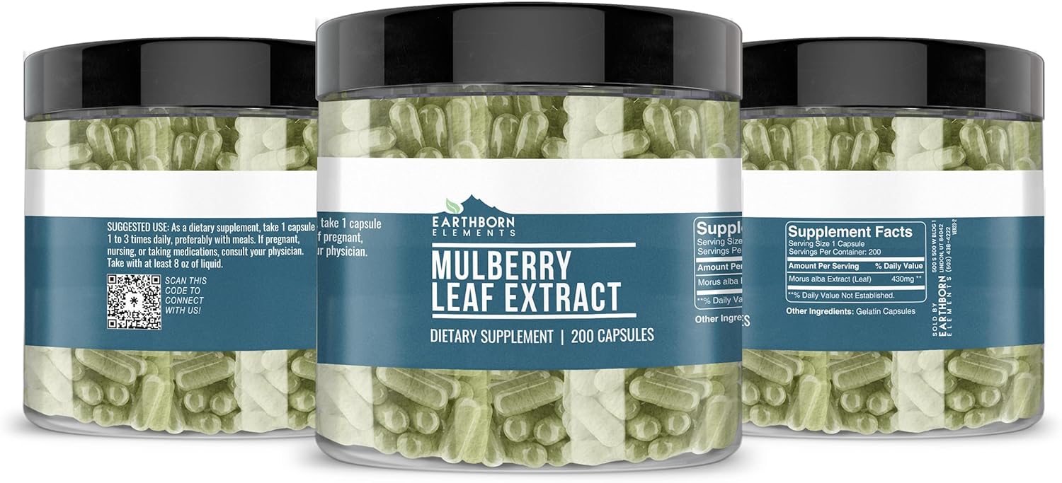 200 Capsules of Earthborn Elements White Mulberry Leaf Extract - Pure & Undiluted Formula with No Additives