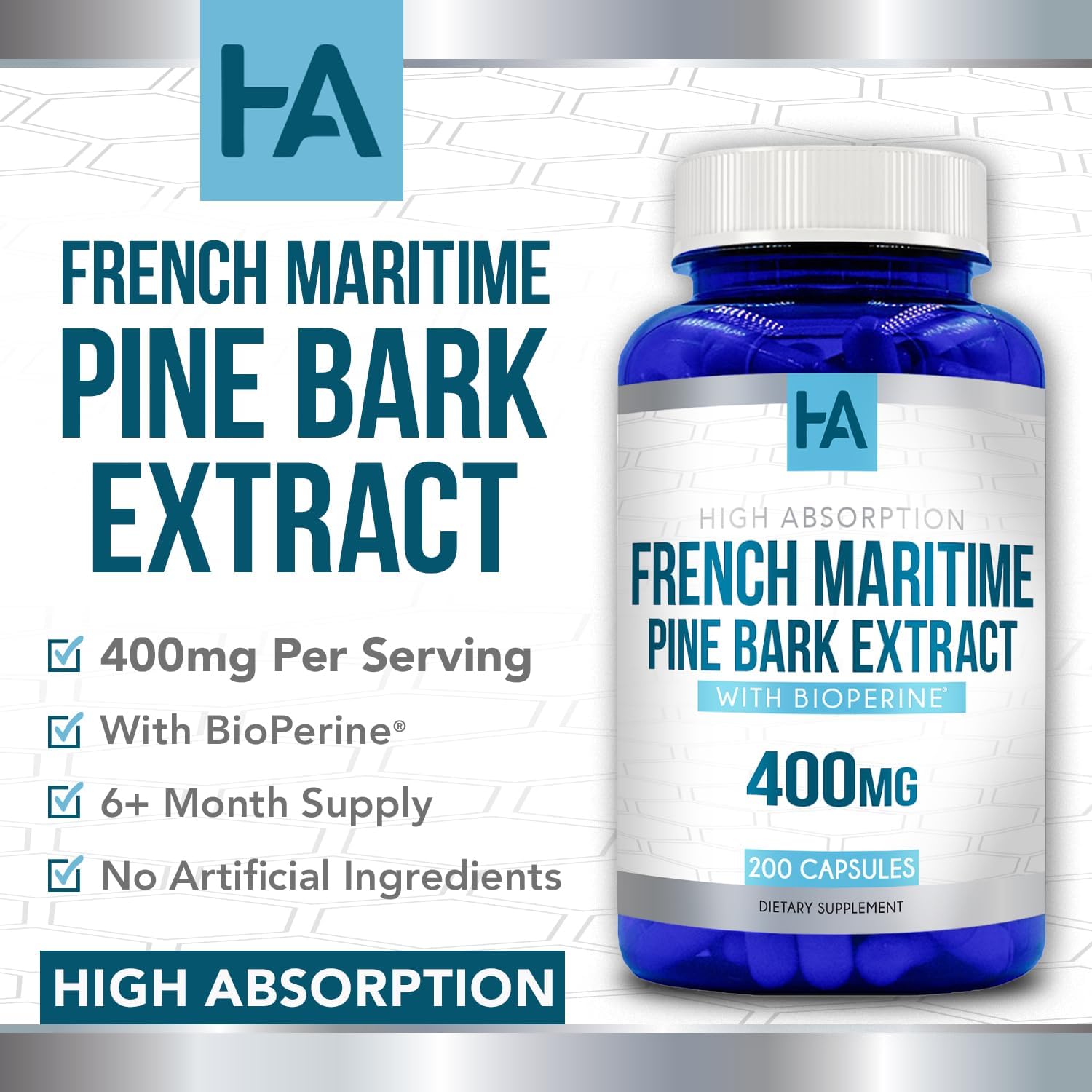 200 Capsules of Healing Awakening French Maritime Pine Bark Extract 400mg with Bioperine - Non-GMO Formula