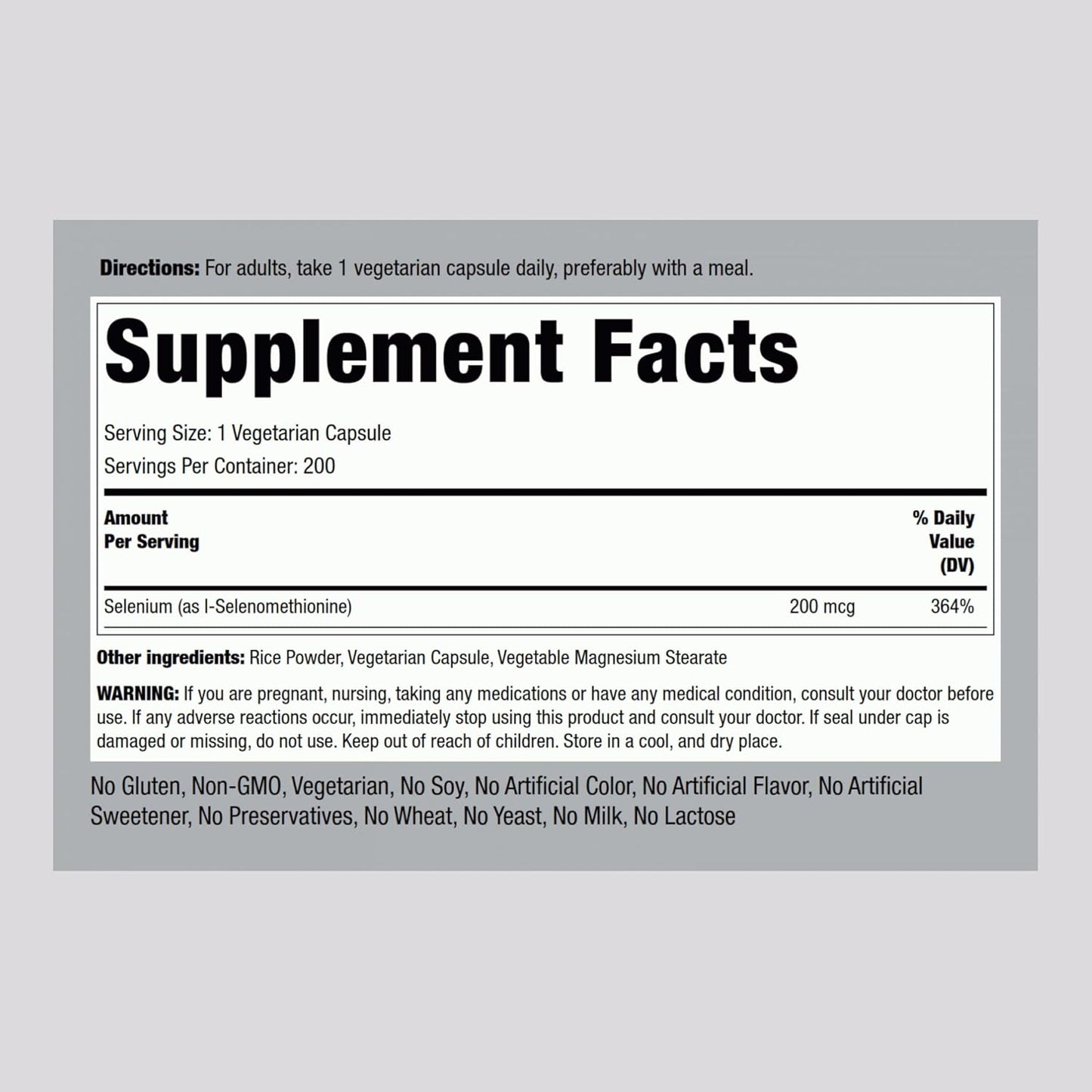 200 Capsules Piping Rock Selenium Supplement | Yeast Free, 200mcg | Vegetarian, Non-GMO, Gluten Free