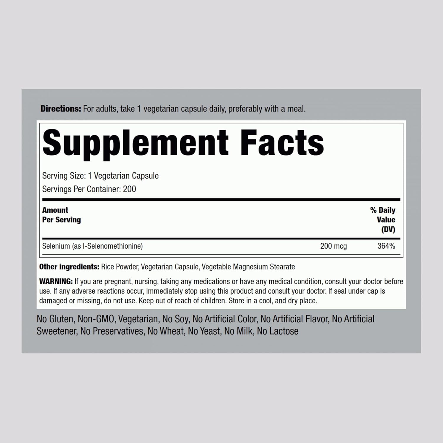 200 Capsules Piping Rock Selenium Supplement | Yeast Free, 200mcg | Vegetarian, Non-GMO, Gluten Free