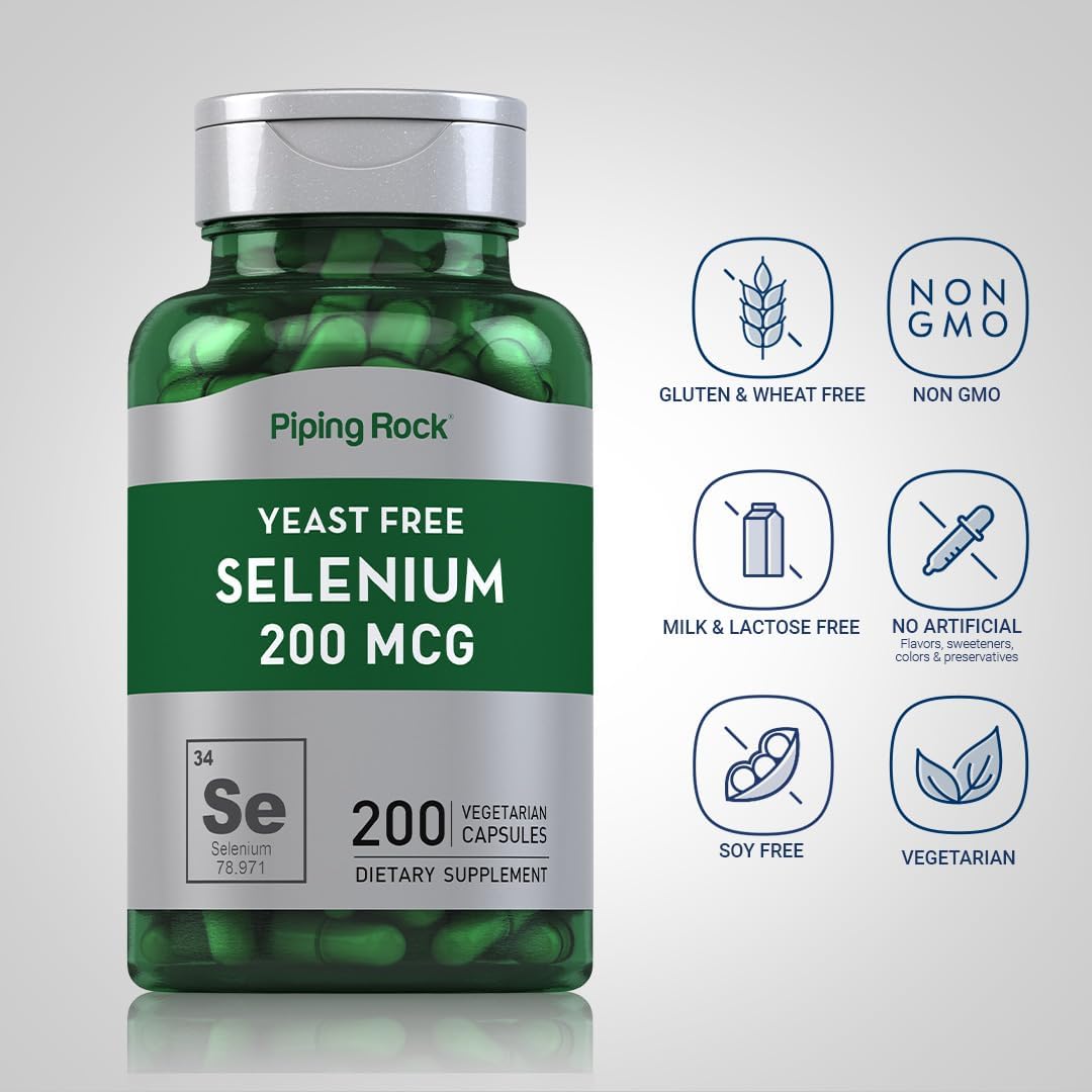 200 Capsules Piping Rock Selenium Supplement | Yeast Free, 200mcg | Vegetarian, Non-GMO, Gluten Free