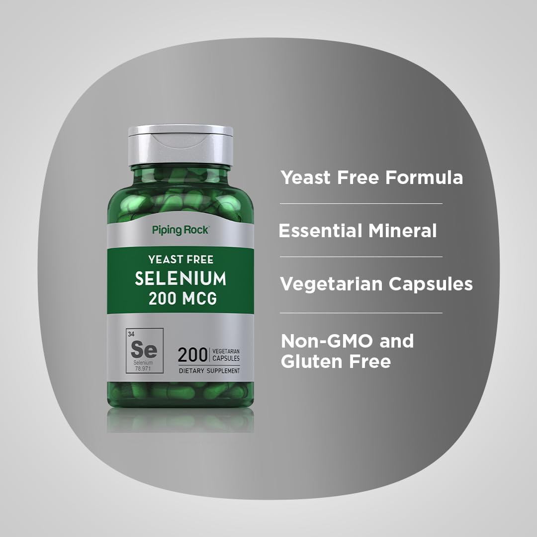 200 Capsules Piping Rock Selenium Supplement | Yeast Free, 200mcg | Vegetarian, Non-GMO, Gluten Free