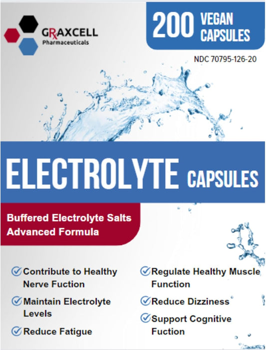 200 Count Bottle of Graxcell Electrolyte Capsules | 500mg Sodium, 100mg Potassium | Non-GMO Vegan Supplement for Hydration & Balance, Made in USA