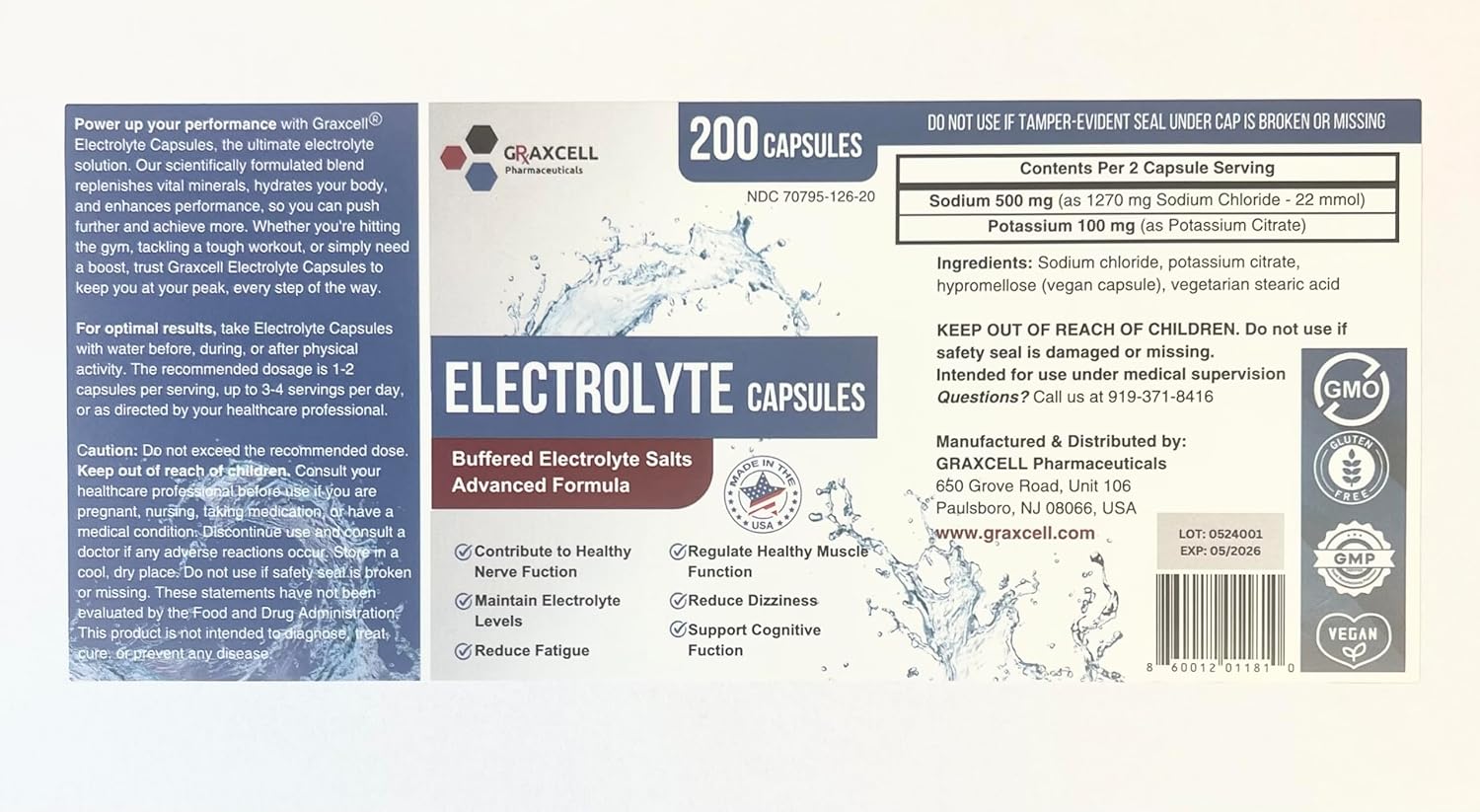 200 Count Bottle of Graxcell Electrolyte Capsules | 500mg Sodium, 100mg Potassium | Non-GMO Vegan Supplement for Hydration & Balance, Made in USA