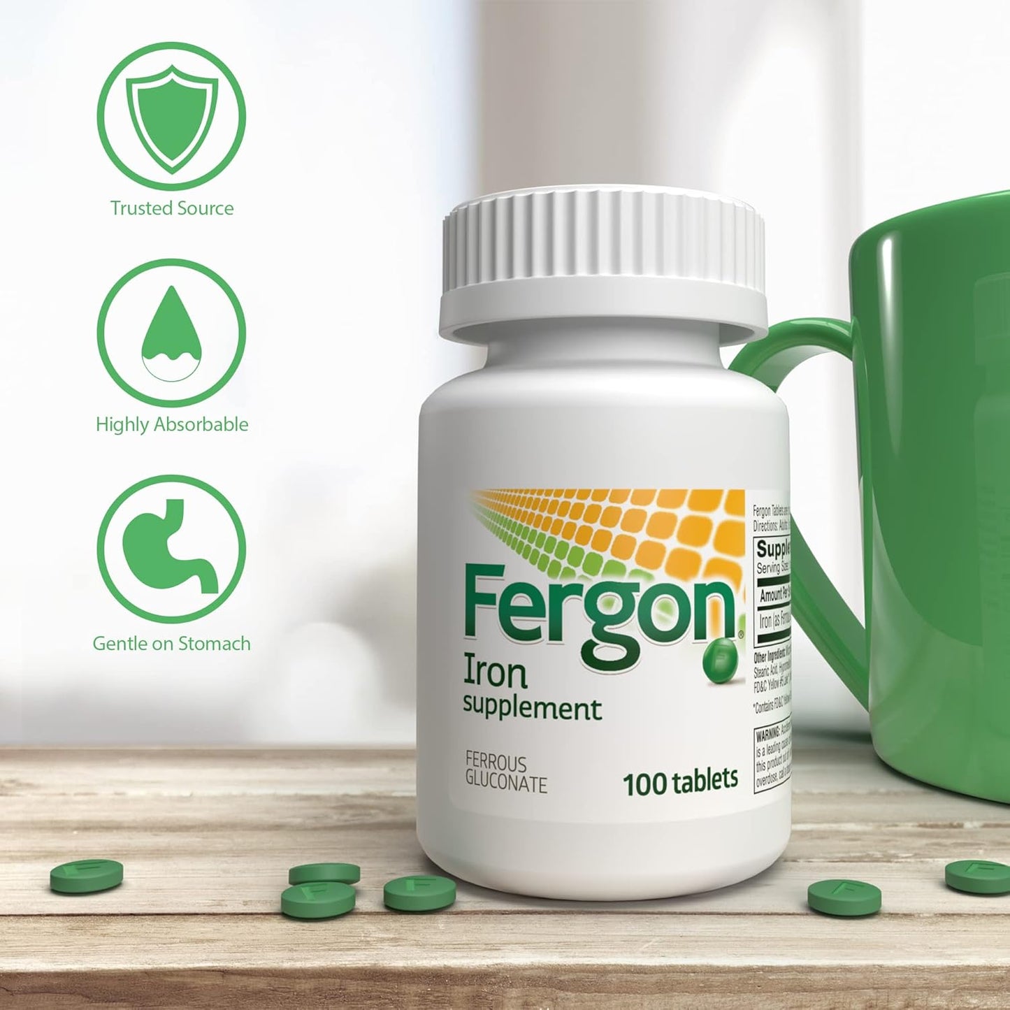 200 Count Fergon Iron Supplement Tablets, High Potency, Pack of 2
