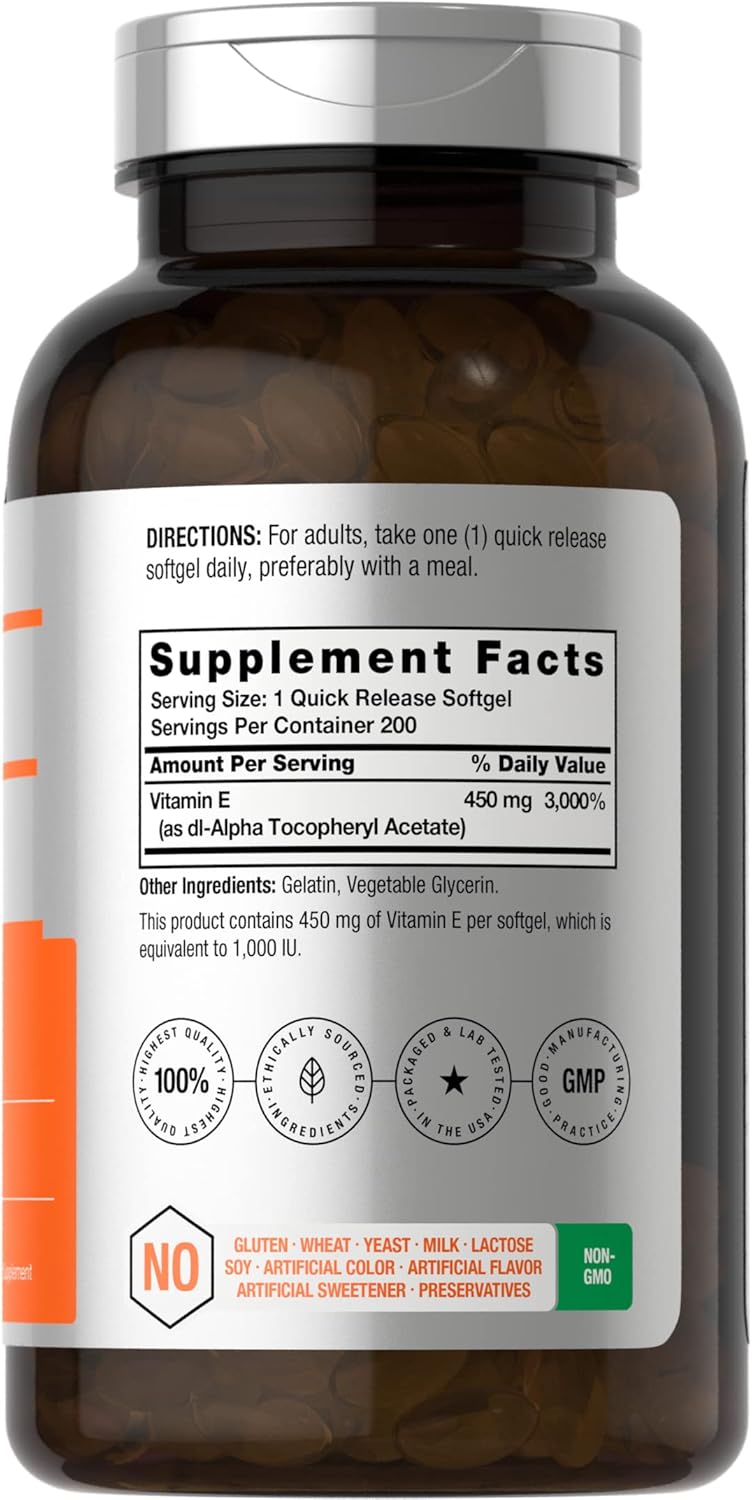 200 Count Horbäach Vitamin E 1000 IU Softgel Capsules - Non-GMO, Gluten Free & Preservative Free with Vitamin E Oil