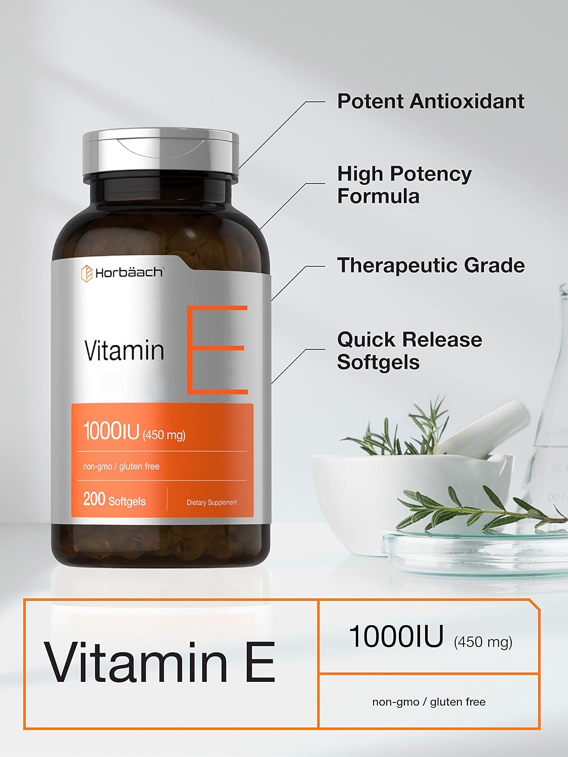 200 Count Horbäach Vitamin E 1000 IU Softgel Capsules - Non-GMO, Gluten Free & Preservative Free with Vitamin E Oil