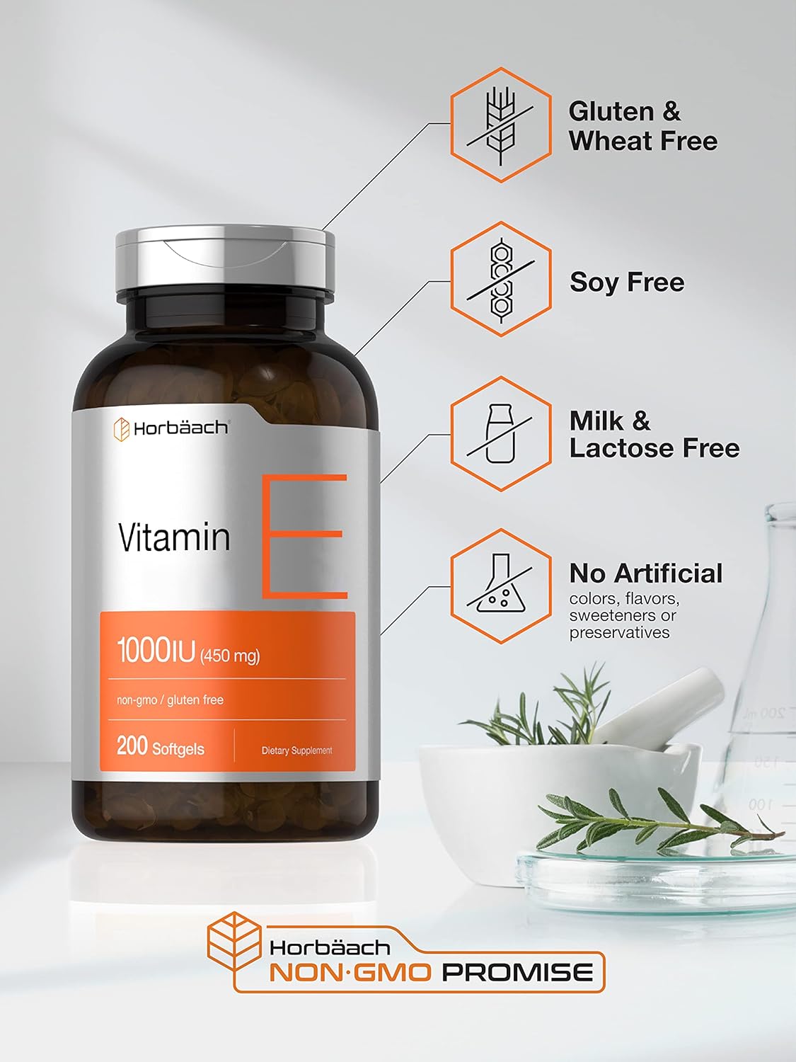 200 Count Horbäach Vitamin E 1000 IU Softgel Capsules - Non-GMO, Gluten Free & Preservative Free with Vitamin E Oil