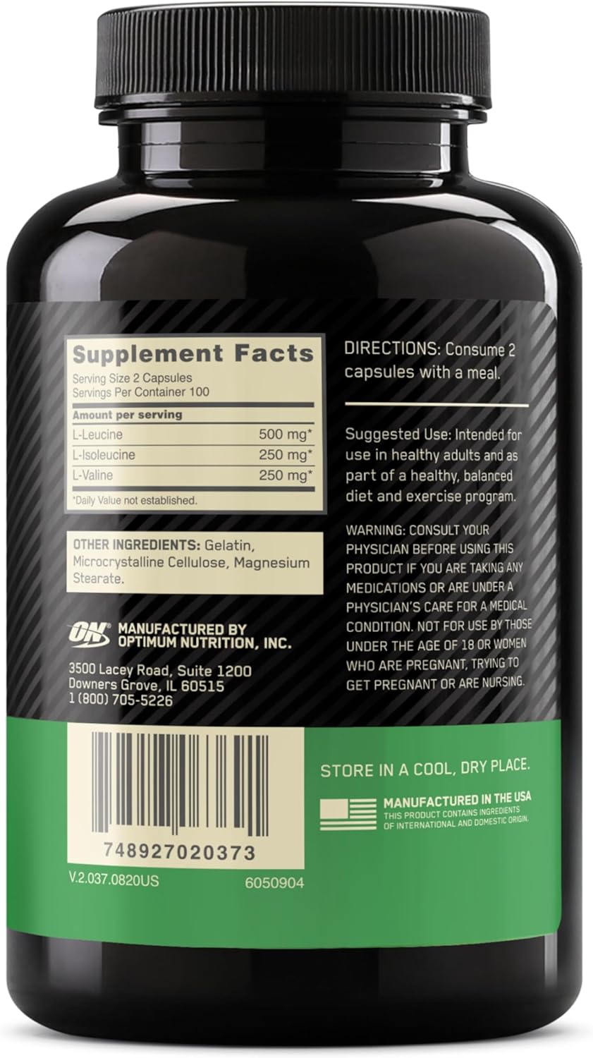 200 Count Optimum Nutrition BCAA Branched Chain Essential Amino Acids Capsules, 1000mg