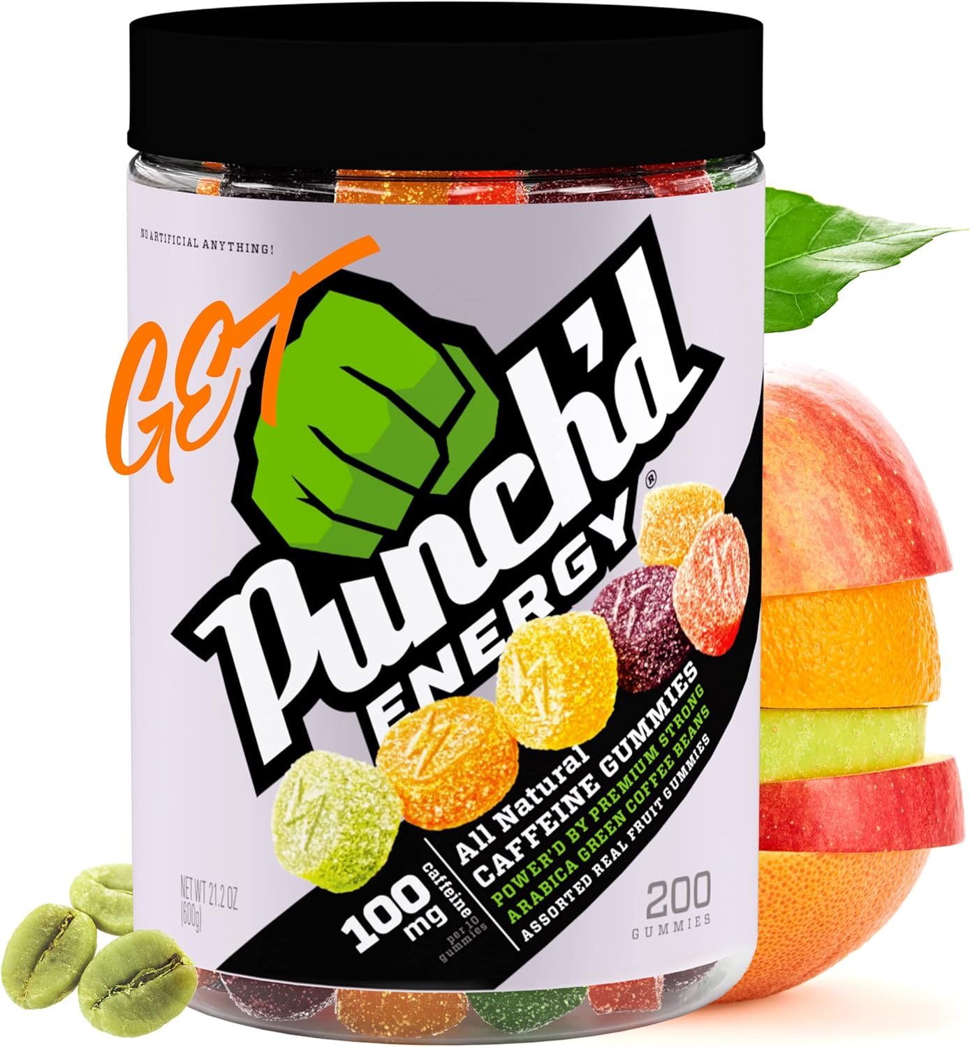 200 Count Value Jar of Punch'd Energy Natural Caffeine Gummies - 100mg Caffeine, Clean Label, Low Glycemic, Low Calorie, Vitamin C