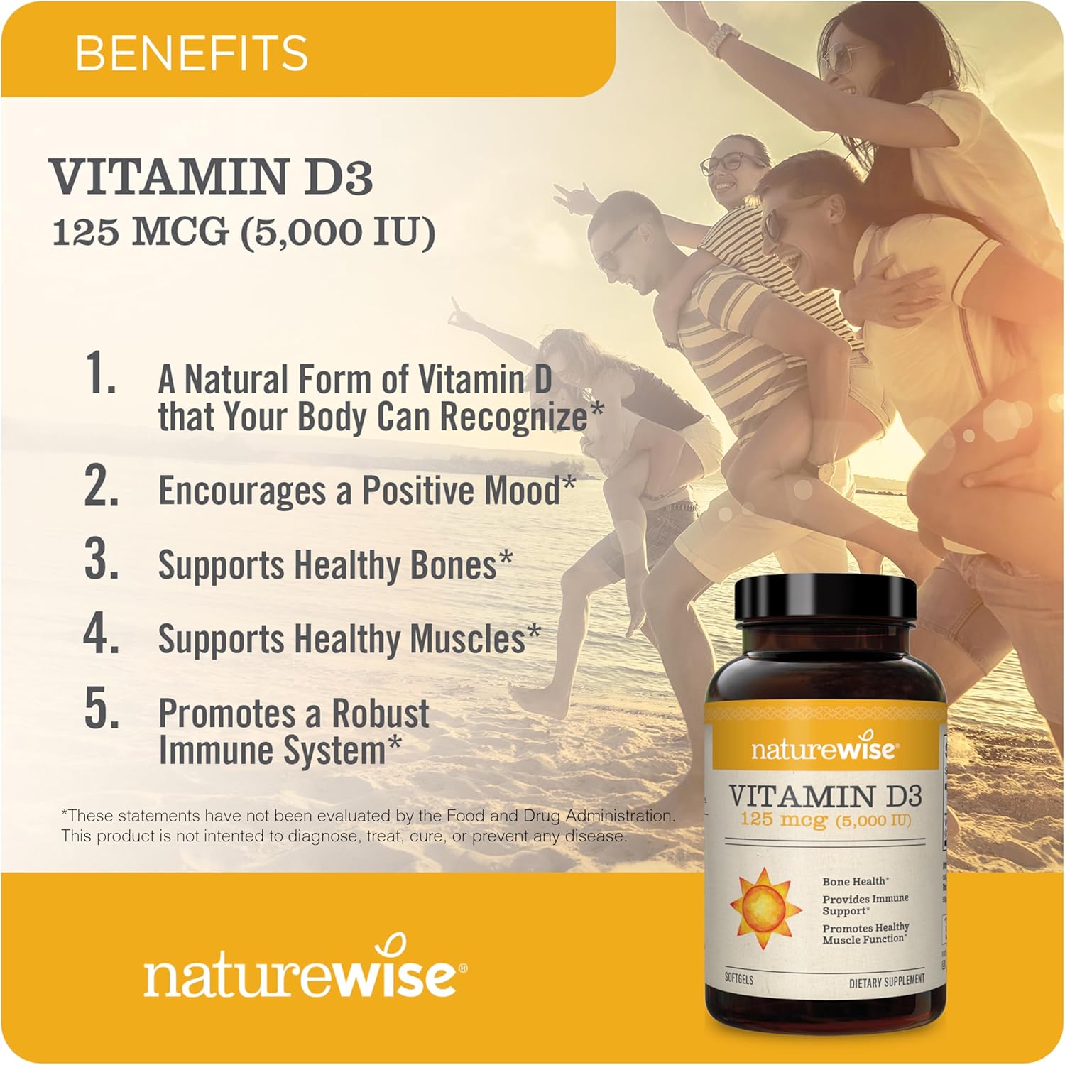 200 Mini Softgel NatureWise Vitamin D3 5000iu (125 mcg) for Immune Support, Muscle Function & Bone Health - Non-GMO, Gluten Free, Organic Olive Oil - 200-Day Supply