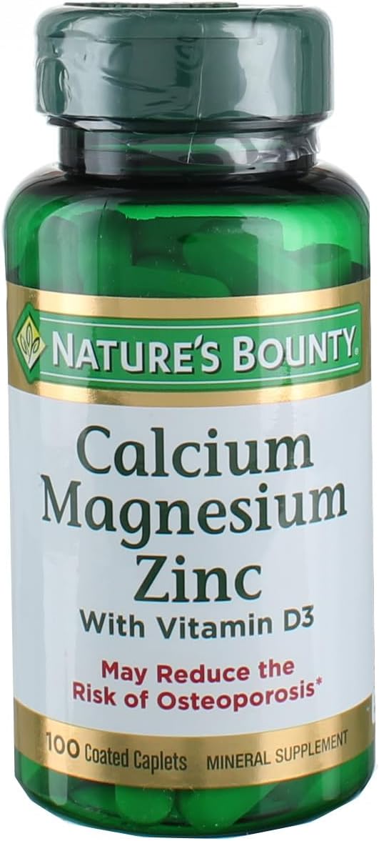 200 Nature's Bounty Calcium Magnesium Zinc Caplets - 2 Bottles of 100 Count - Supplement for Bone Health and Immune Support