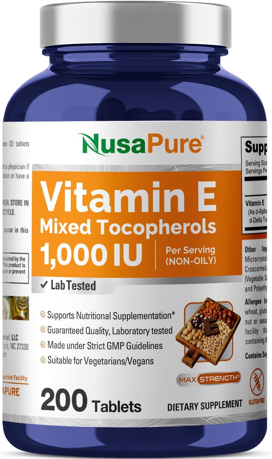 200 Non-GMO, Gluten-Free Vitamin E Tablets - 1000 IU Mixed Tocopherols by NusaPure
